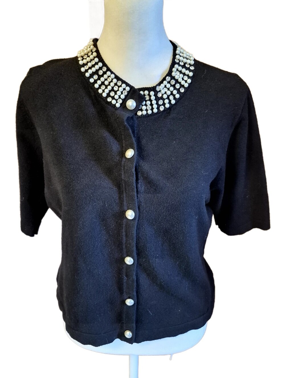 Liv Milano Black Pearl-Embellished Short-Sleeve Sweater Cardigan